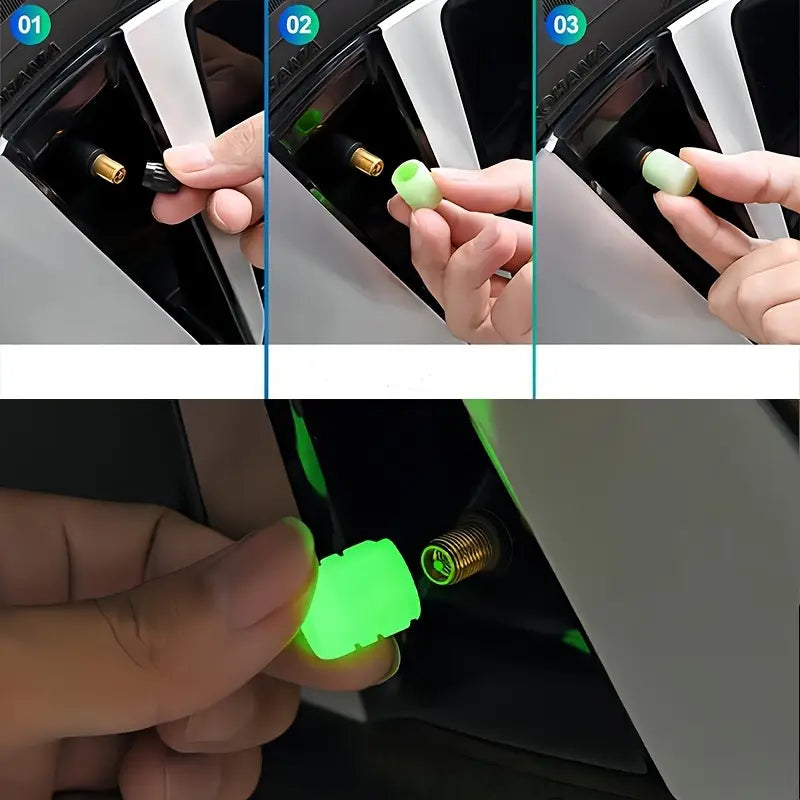 4pcs Luminous Tire Valve Caps, Glow in the Dark Fluorescent Car & Bike Wheel